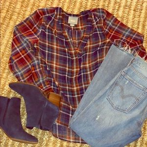 Maeve Anthro Chiffon Plaid hi-lo blouse sz small